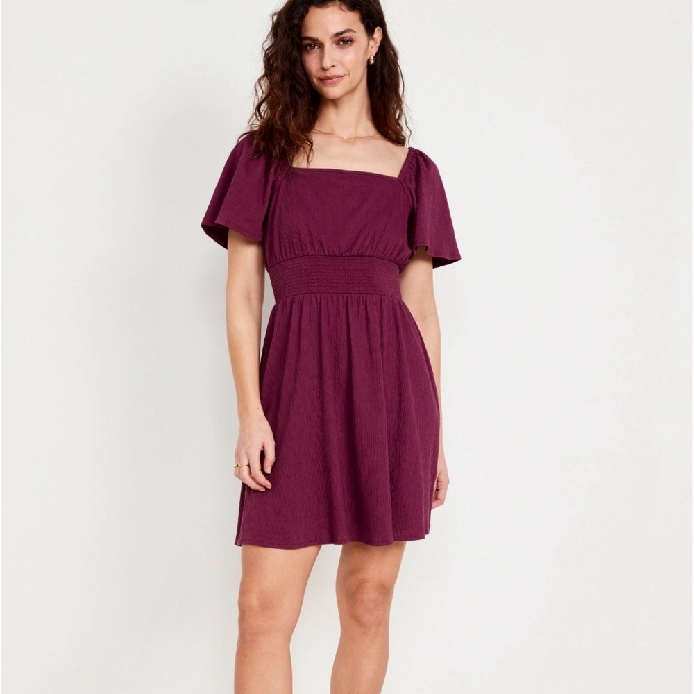 Old Navy Waist Defined Flutter Sleeve Mini Dress-Burgundy